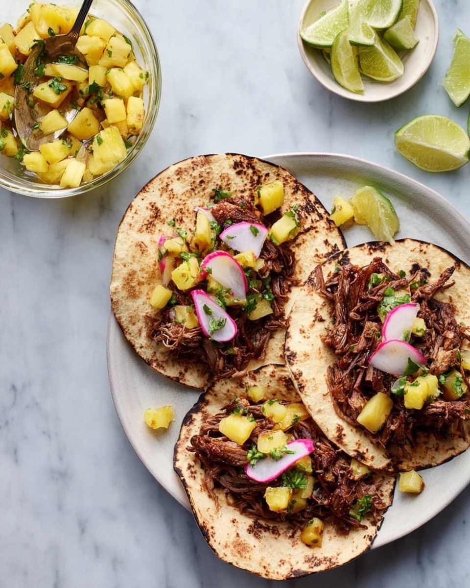 Four tacos stand in a row, each with a white tortilla that is lightly charred and folded around three main layers. The bottom layer is shredded brown meat filling with a textured, fibrous look. Above the meat is a layer of small yellow and green diced pineapple and onion pieces, adding a fresh and juicy texture. The top layer is thin, round slices of purple and white radishes, arranged neatly on the side of each taco. The tacos rest on a blue surface with light white flour spots, and lime wedges are on the upper right side. Photo taken with an iphone --ar 4:5 --v 7