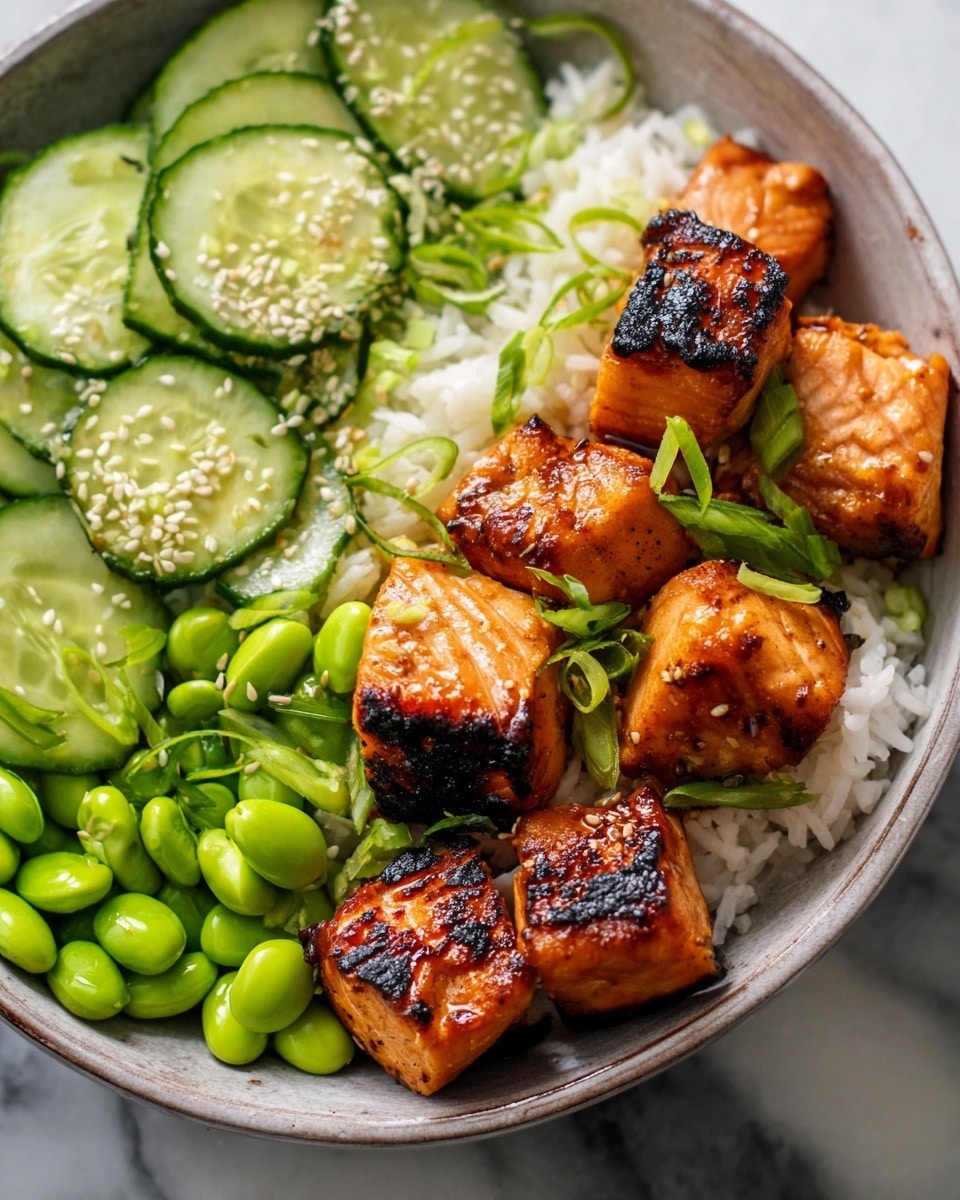 This dish is served in a white bowl with a white marbled surface in the background. The bottom layer is white rice mixed with thin slices of green onion. On top of the rice, there are golden-brown cubes of cooked salmon with charred edges, giving a grilled look. To the side of the salmon, there are bright green edamame beans and fresh cucumber slices sprinkled with white sesame seeds. The green onions are scattered over the salmon and cucumber, adding a fresh touch. photo taken with an iphone --ar 4:5 --v 7