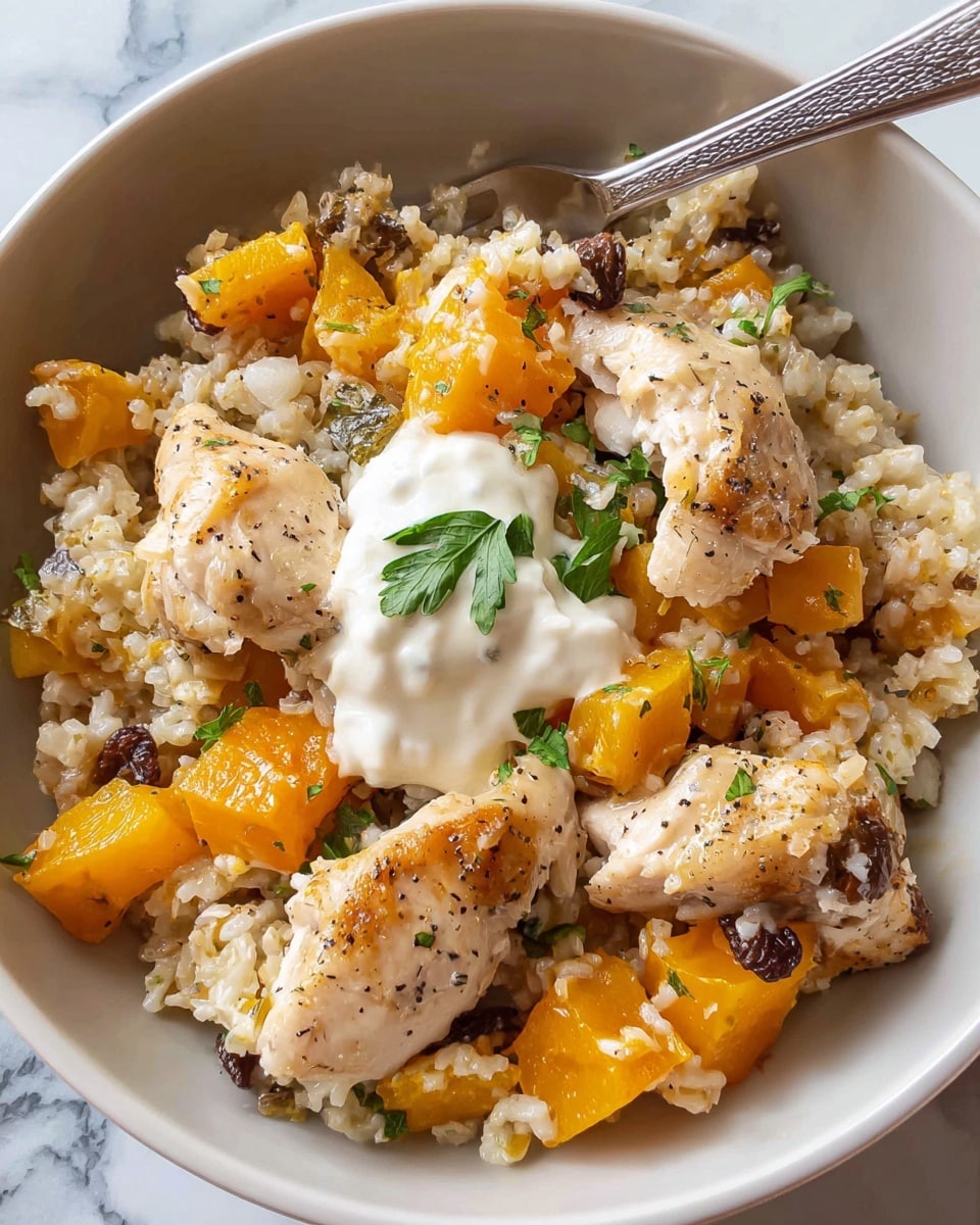 A white bowl holds a layered dish starting with a base of light beige cooked rice mixed with chunks of bright orange squash and small dark brown raisins. On top, several pieces of light golden-brown cooked chicken are arranged, seasoned lightly with black pepper. In the center, a dollop of creamy white sauce adds contrast, garnished with small green parsley leaves. A silver fork rests inside the bowl, adding a touch of shine, all set against a white marbled background. photo taken with an iphone --ar 4:5 --v 7