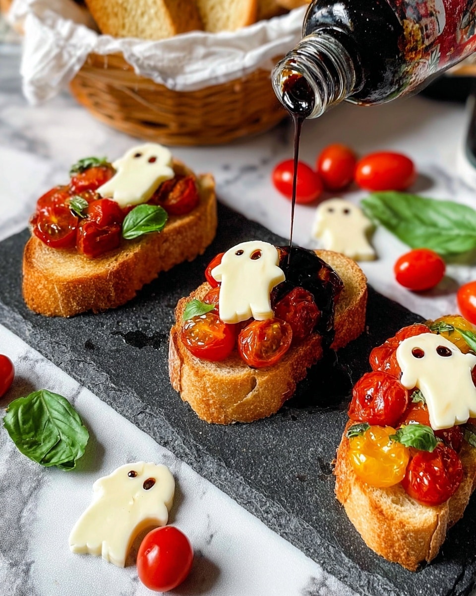 Three pieces of toasted baguette are arranged on a dark stone board on a white marbled surface; each piece is topped with mixed red cherry tomatoes and fresh green basil leaves. On two of the toasts, a white ghost-shaped slice of cheese with dark eyes and mouth made from a sauce is placed on top, while the third toast has balsamic glaze being squeezed over the tomatoes by a woman's hand holding a bottle. Whole cherry tomatoes and basil leaves are scattered around the board, with extra ghost-shaped cheese slices nearby and a basket of sliced toasted bread lined with white paper in the background. Photo taken with an iphone --ar 4:5 --v 7