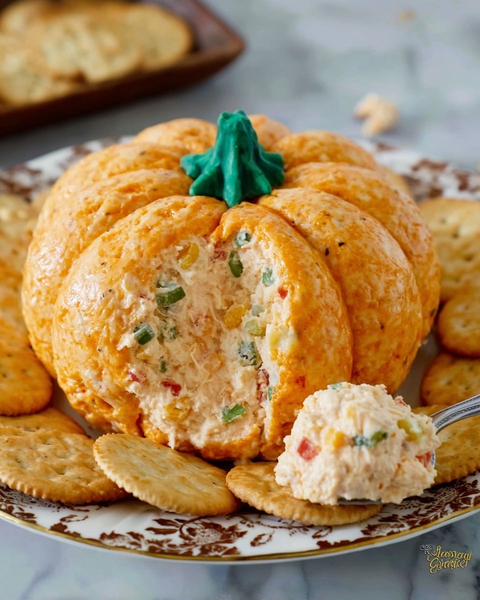 A cheese ball shaped like a small pumpkin sits on a white plate with a brown floral pattern, surrounded by round, golden crackers. The cheese ball has a smooth, firm orange outer layer that looks soft and creamy. A piece is removed from the front, showing the inside, which is light cream-colored mixed with small bits of green and red, giving it a textured and mixed look. The pumpkin shape is detailed with ridges and a green stem on top. In front of the cheese ball, a cracker holds a scoop of the soft, creamy filling with visible colorful bits. The whole scene is set on a white marbled surface. Photo taken with an iphone --ar 4:5 --v 7
