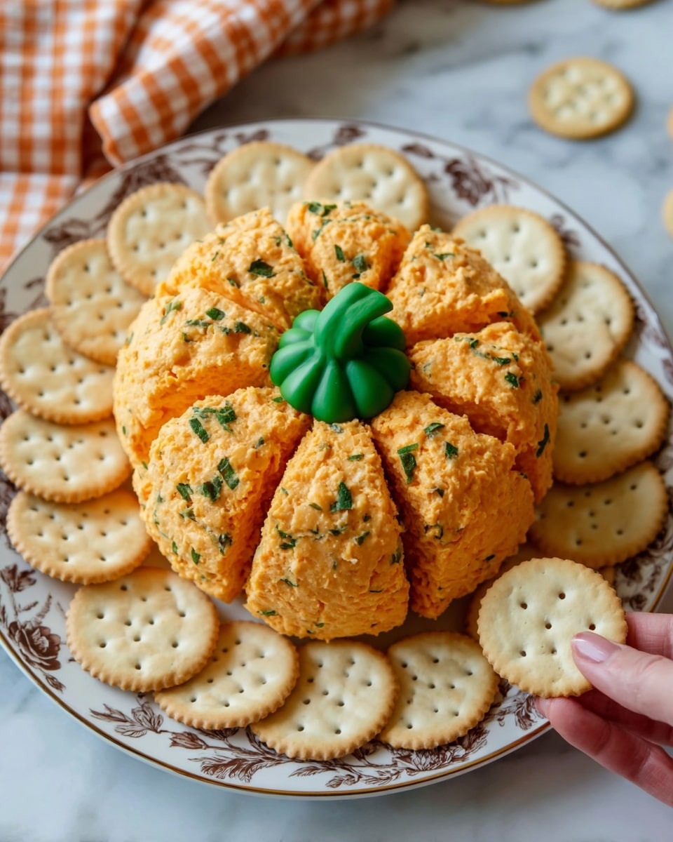 A white plate with a detailed brown floral pattern holds a pumpkin-shaped cheeseball as the centerpiece, made of eight orange cheese segments arranged in a circle, each with a slightly rough, crumbly texture showing hints of green herbs inside. At the top center of the cheeseball, there is a small green bell pepper stem to mimic a pumpkin's stem. Surrounding the cheeseball are light golden round crackers with small evenly spaced holes. The plate is set on a white marbled surface, and a woman’s hand is partially visible near the bottom corner, lightly touching one cracker. In the background, there is an out-of-focus orange and white checkered cloth. photo taken with an iphone --ar 4:5 --v 7