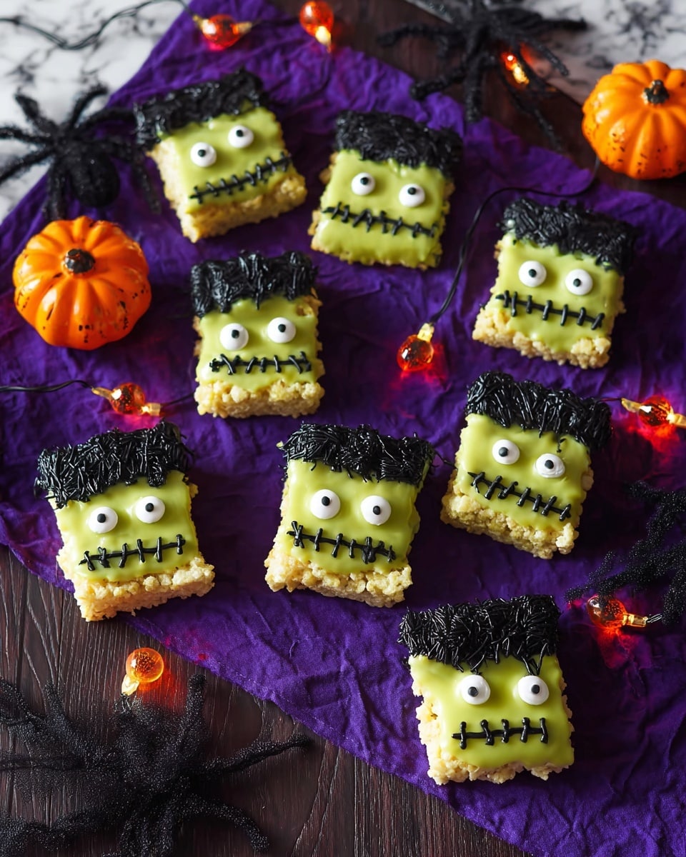 The image shows nine square treats that look like Frankenstein faces. Each treat has three main layers: the base is a light yellow-green crispy layer, the middle decorations form the eyes with white circles and black dots in the center, and the top layer is black icing shaped like messy hair and mouth stitches. The treats are arranged on a dark wooden surface with a purple spider web cloth underneath and orange pumpkin string lights scattered around, creating a Halloween vibe. The background is a white marbled texture. photo taken with an iphone --ar 4:5 --v 7