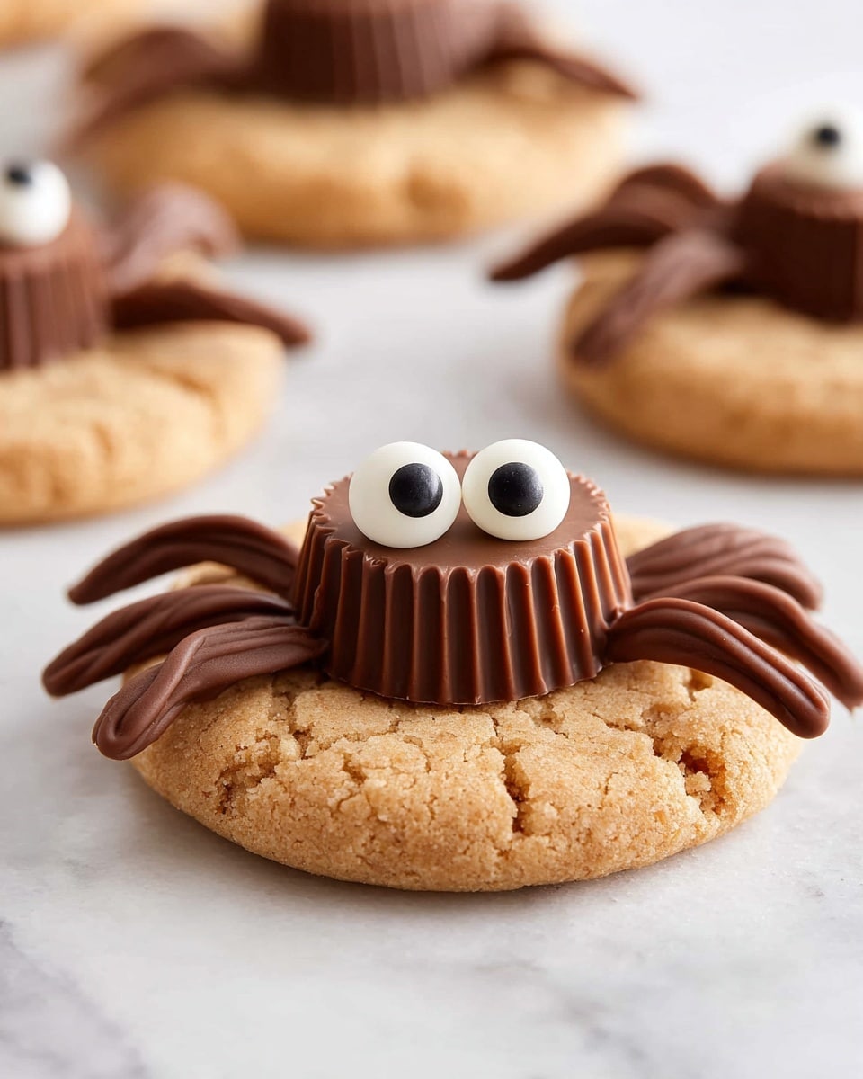 A light brown round cookie forms the base layer with a slightly rough texture and small cracks on its surface. On top sits a chocolate peanut cup, cylindrical with a fluted edge and smooth top, creating the spider's body. Around the peanut cup, thick dark brown lines of melted chocolate are piped in eight curved strands, spreading outwards like spider legs. Two large white candy eyes with black dots are placed at the front of the peanut cup, giving the spider a playful look. The background is a white marbled surface with more similar cookies softly blurred in the distance. Photo taken with an iphone --ar 4:5 --v 7
