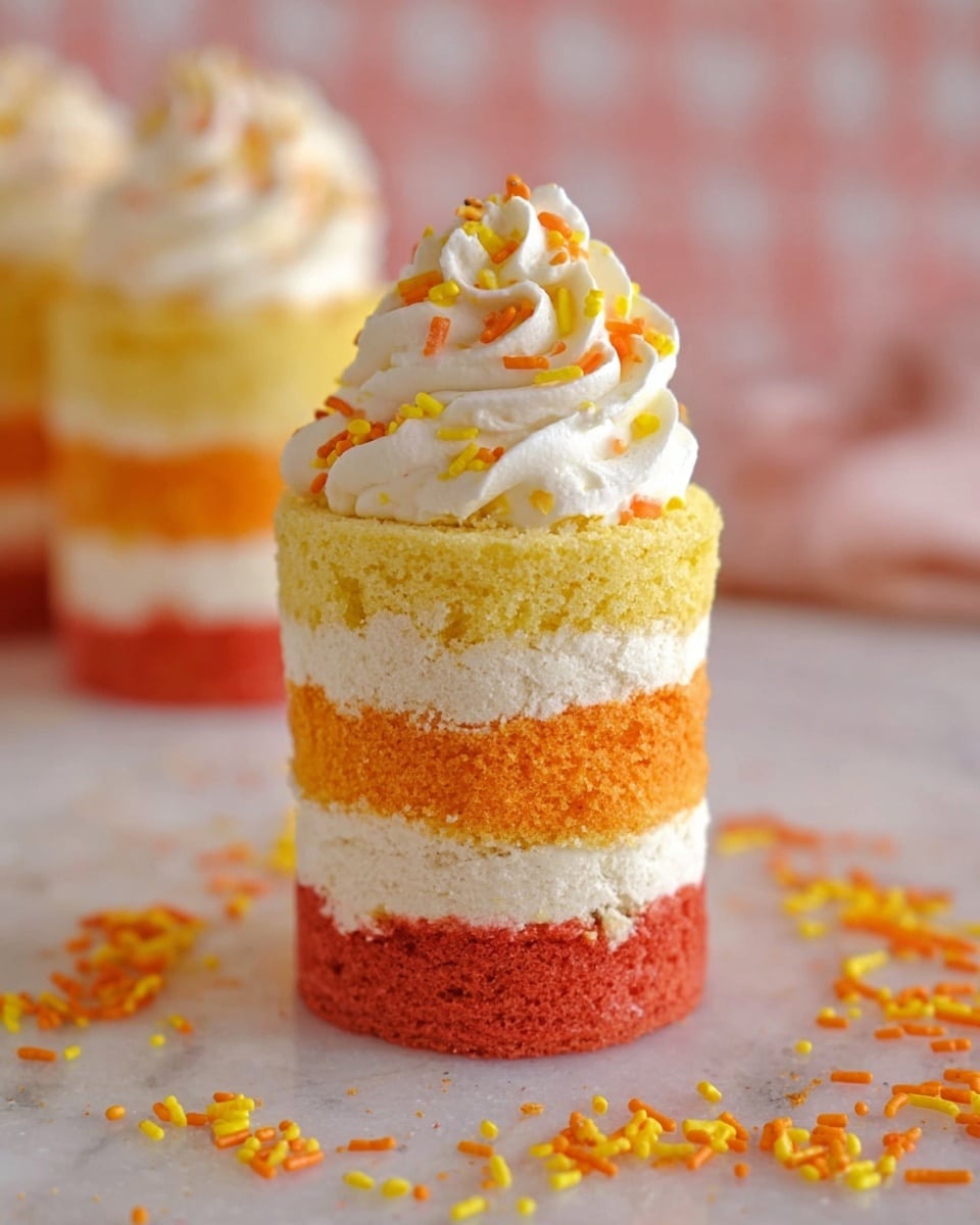 The image shows a small, tall cake made of four round layers. The bottom layer is bright yellow, followed by an orange layer, then a red layer, and at the top is a white layer. Between each layer, there is a thin spread of white cream. On top of the cake is a swirl of white cream decorated with small orange and yellow sprinkles. More orange and yellow sprinkles are scattered around the cake on a white marbled surface. The background is soft and light, with a blurred pink and white checkered pattern. photo taken with an iphone --ar 4:5 --v 7