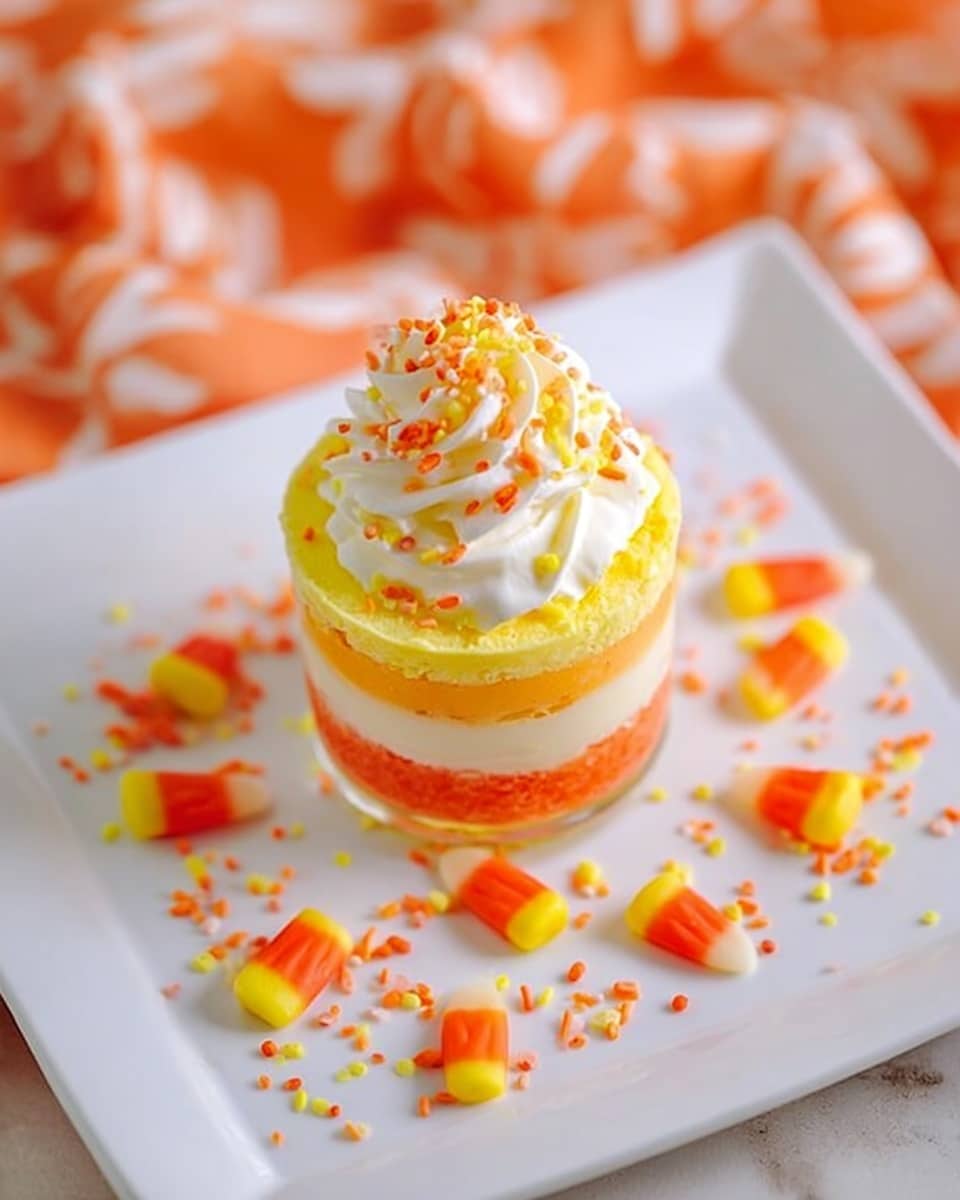 A small stack dessert with three visible layers; the bottom layer is yellow, the middle layer is orange, and the top layer is white. On top sits a swirl of white cream decorated with small orange and yellow sprinkles. Around the stack on the white plate, there are whole candy corn pieces and scattered orange, yellow, and white sprinkles. The plate is on a white marbled surface with a pattern of orange and white fabric visible in the background. Photo taken with an iphone --ar 4:5 --v 7