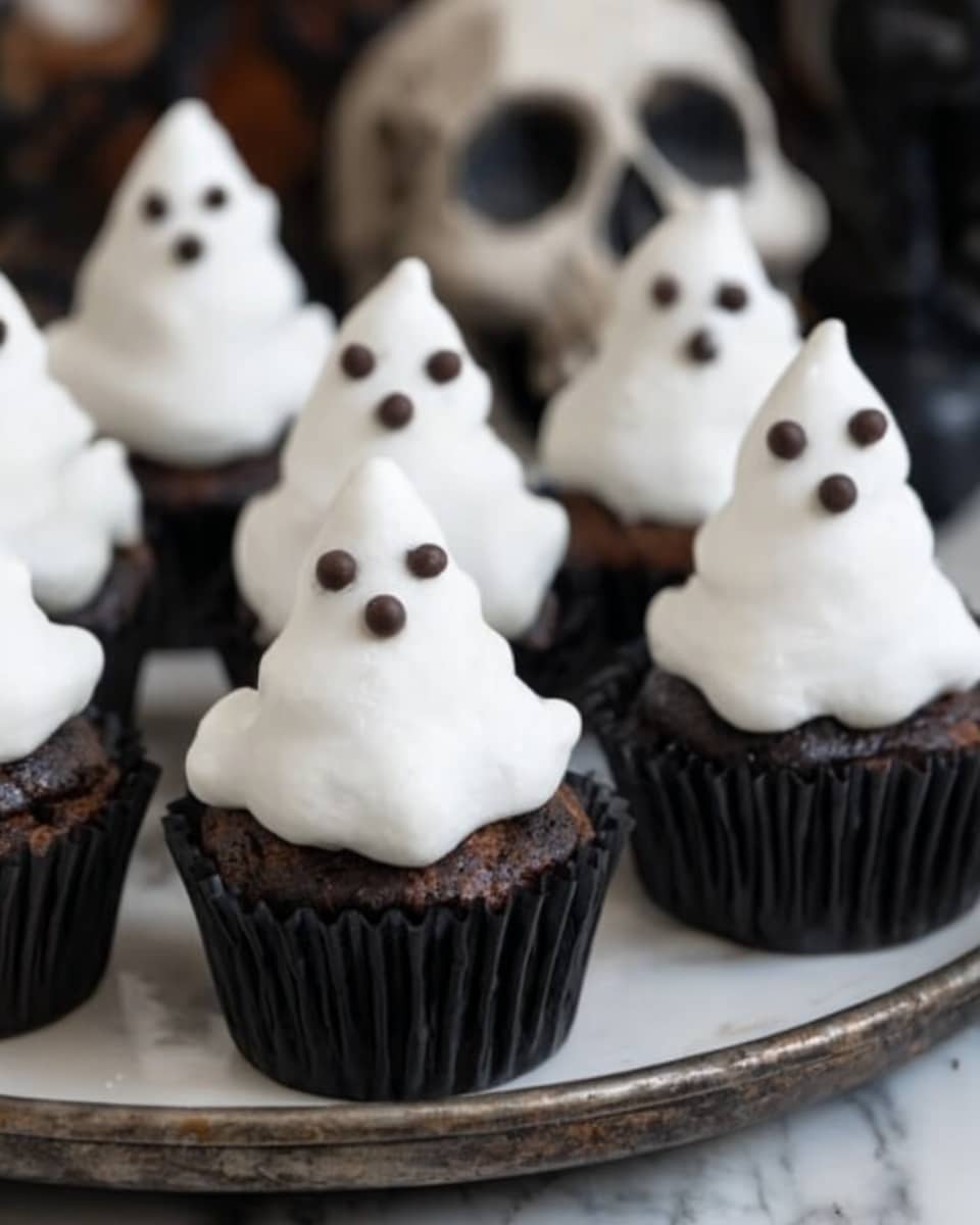 The image shows a set of black cupcake liners filled with dark chocolate cupcakes topped with thick, white whipped frosting shaped like little ghosts. Each ghost frosting has three small chocolate dots for eyes and mouth, placed near the top and middle of the frosting peak. The cupcakes are arranged on a round white plate with a rustic metal edge, all set on a white marbled textured surface with a blurred skull decoration in the background. The overall look is spooky and cute, perfect for Halloween. photo taken with an iphone --ar 4:5 --v 7