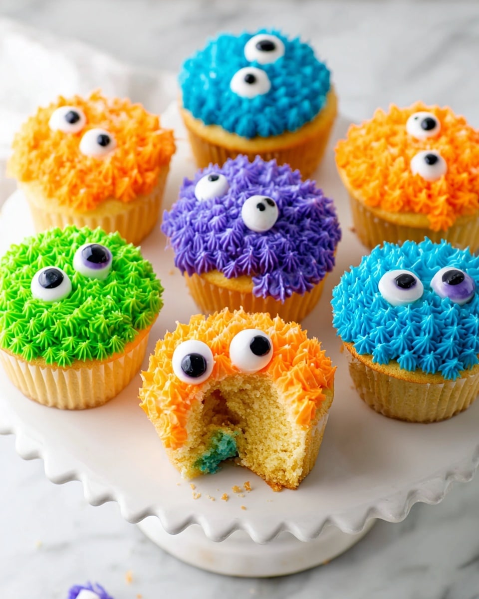 A close-up view of seven colorful cupcakes arranged on a white cake stand with a wavy edge, sitting on a white marbled surface. Each cupcake has a layer of bright colored frosting piped in small star shapes covering the top: green, blue, orange, and purple. The frosting on each has different sizes of edible white eyes with black centers placed randomly to create a monster look. One purple cupcake in the center has a bite taken from its edge, showing a soft yellow cake beneath with the paper liner partially peeled down. The overall texture is fluffy and playful with vibrant colors catching the light. Photo taken with an iphone --ar 4:5 --v 7