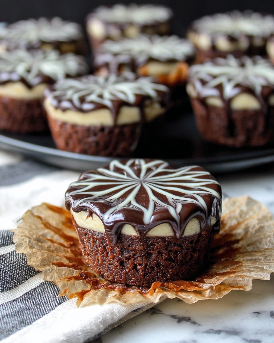 The image shows a close-up of a cupcake with three visible layers: a dark brown crumbly base, a creamy light brown middle layer, and a shiny dark chocolate top layer decorated with a white chocolate swirl pattern forming star-like shapes. This cupcake is placed on a crumpled brown paper sheet, resting on a white and grey striped cloth. In the background, several similar cupcakes with the same decoration are out of focus, placed on a black surface. The overall setting is on a white marbled texture. photo taken with an iphone --ar 4:5 --v 7