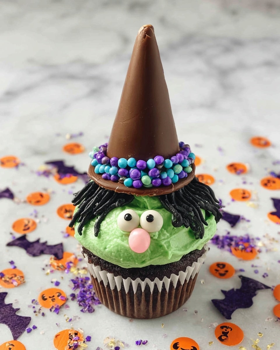 A cupcake is decorated like a witch's face with three main layers: the bottom layer is a dark chocolate cake in a white paper cup, the middle layer is green frosting shaped smoothly into a face with black icing hair details on top, two white candy eyes with black pupils, and a pink candy nose; on top, an upside-down brown chocolate cone sits as the witch's hat, decorated with a ring of round colorful sprinkles in green, purple, blue, and black around the base. The cupcake is placed on a white marbled surface with scattered orange, purple, and black Halloween-themed confetti shaped like pumpkins, bats, and witches. Photo taken with an iphone --ar 4:5 --v 7