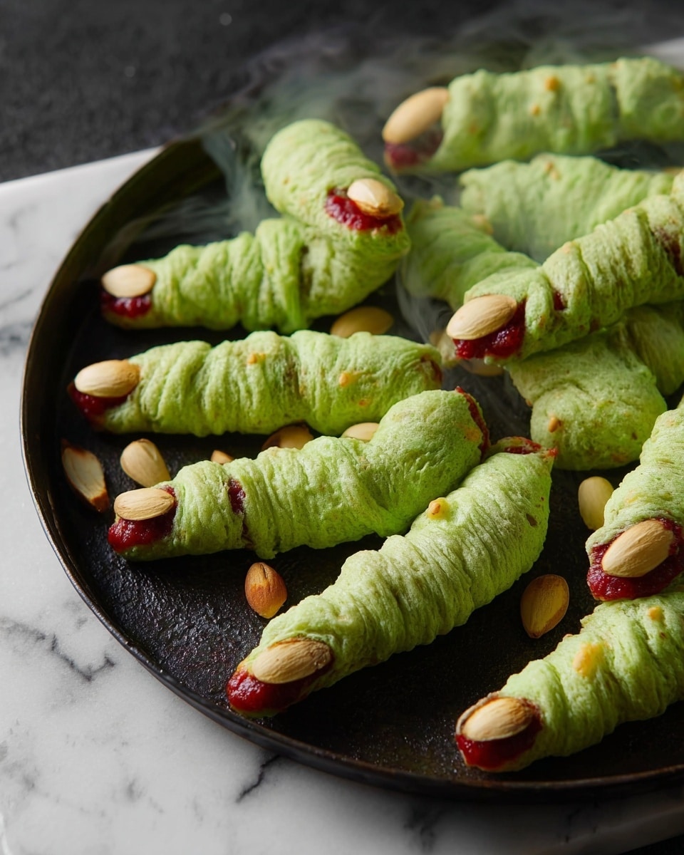 The image shows a close-up of several green finger-shaped snacks arranged on a dark round pan. Each snack has a wrinkled, textured surface resembling skin, with pale green color. The tips are dipped in red sauce to look like blood, and a single almond slice is placed at the end of each finger to look like a fingernail. Some of the snacks show small yellow spots to add detail. There is light steam rising from the snacks, making them look freshly cooked. The whole scene is set against a white marbled surface. photo taken with an iphone --ar 4:5 --v 7
