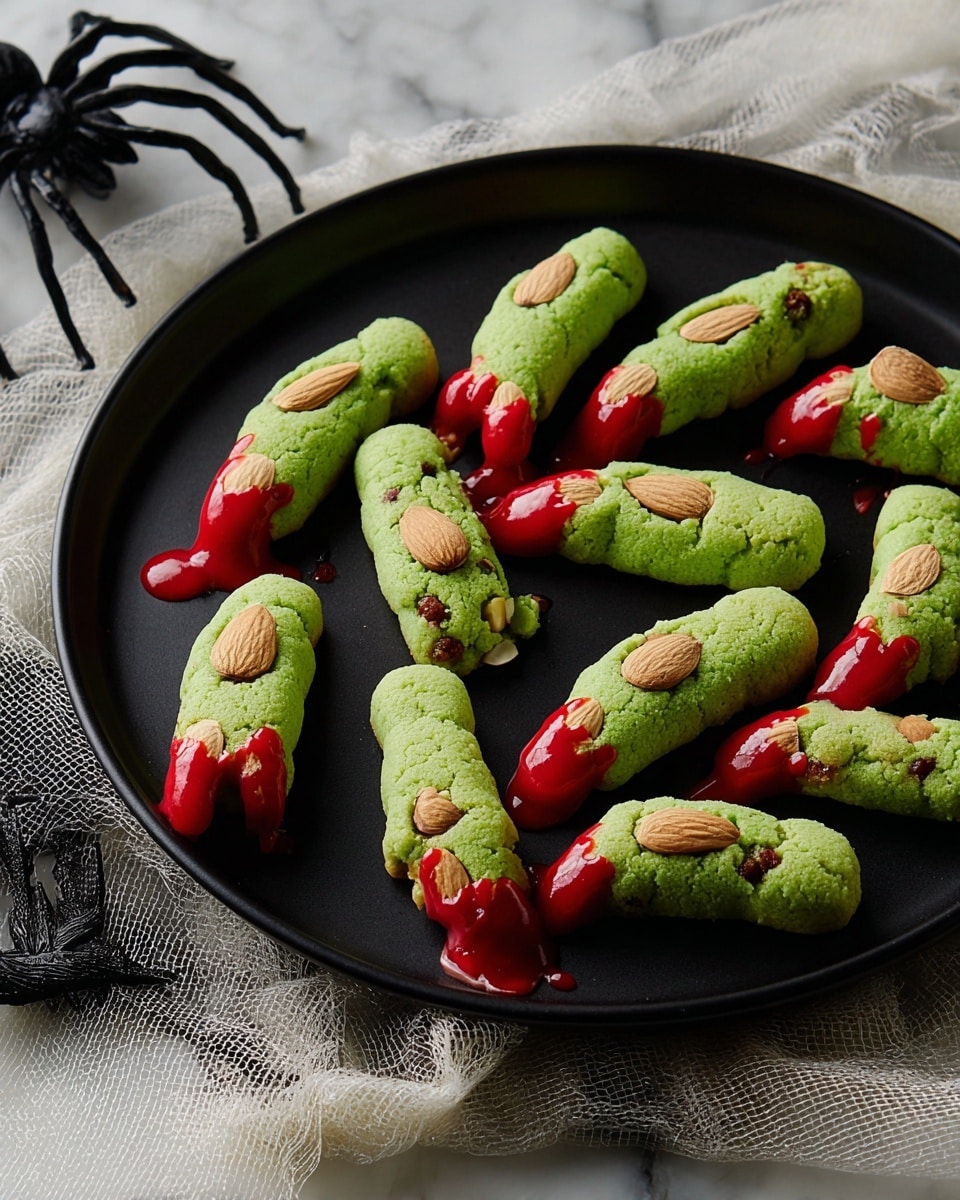 The image shows a black plate with seven green cookie fingers arranged loosely. Each cookie finger has a rough, bumpy texture with small nut pieces inside, and is topped with a sliced almond at one end to look like a fingernail. The almond is attached with red sauce that runs down from the tip, simulating blood. The opposite end of each cookie finger is dipped in more red sauce, creating a dripping blood effect. The plate is placed on white mesh fabric on a white marbled surface, next to a black plastic spider. Photo taken with an iphone --ar 4:5 --v 7