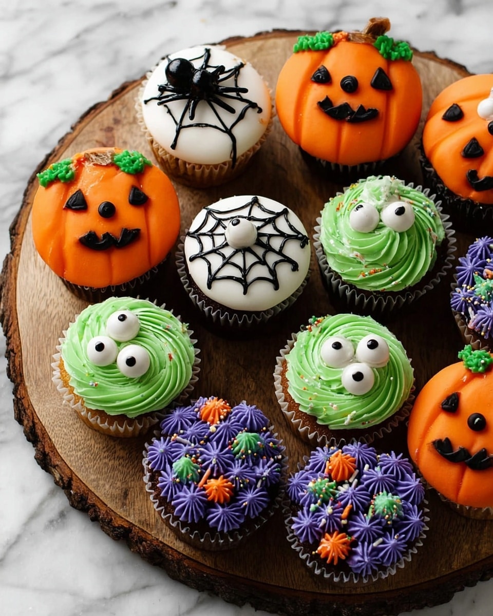 A round wooden board holds 12 colorful Halloween-themed cupcakes placed close together on a white marbled surface. There are three kinds of cupcakes: bright orange ones shaped like pumpkins with smooth frosting and black icing forming eyes, nose, and mouth, topped with a small green stem; white cupcakes decorated with black spider webs and a black spider with white eyes sitting on top; and green cupcakes with smooth swirled frosting, each topped with a large single white eyeball with a black center. Additionally, there are purple cupcakes with a textured star-like frosting pattern, decorated with several small white eyeballs and tiny green and orange sprinkles scattered around. The board's edge is rough and natural-looking. photo taken with an iphone --ar 4:5 --v 7