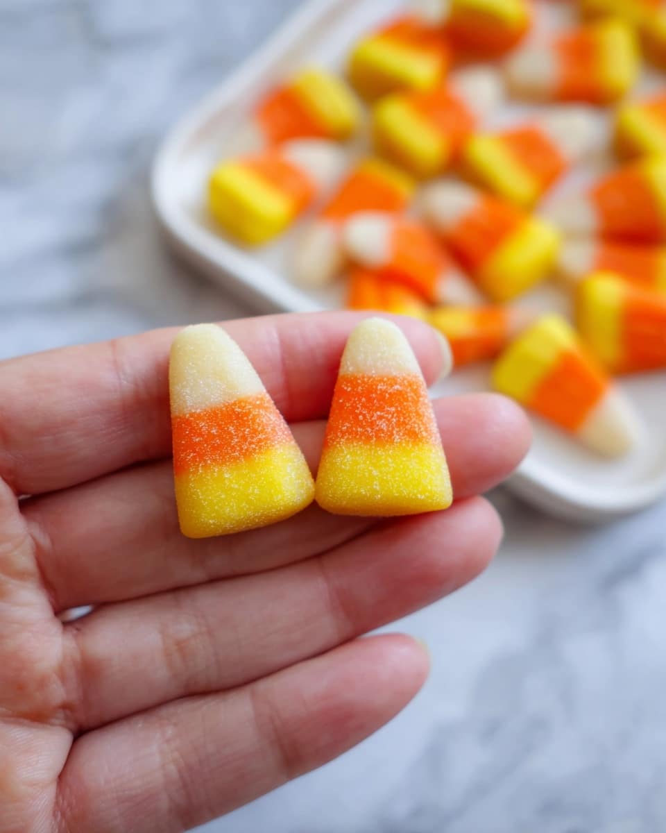 A close-up of a woman's hand holding two candy corn pieces, each with three color layers: white at the narrow end, orange in the middle, and yellow at the wide base. The candies have a slightly grainy texture with sugar crystals visible. In the background, a white tray with more candy corns is blurred on a white marbled surface. Photo taken with an iphone --ar 4:5 --v 7