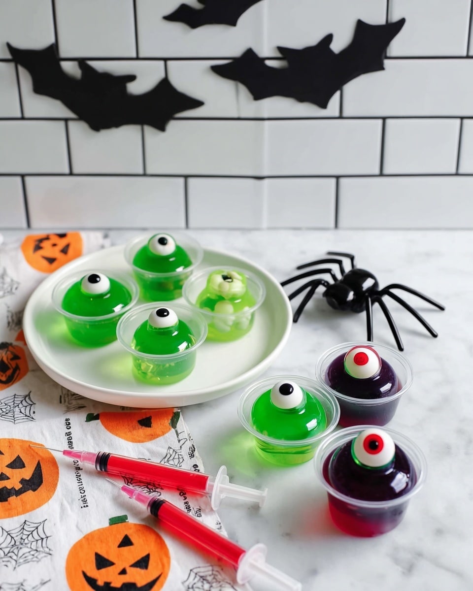 A white plate on a white marbled surface holds seven small cups in two groups: four green jelly cups with translucent green spheres and two candy eyes on top, placed three on the plate and one outside the plate on a white cloth with orange pumpkin faces; and three black cups filled with purple jelly topped with white eyeball candies that have colored irises (red, green, and orange). Two red syringes with clear tips filled with red liquid lie next to the plate, one resting partly on the cloth and one on the surface. Black cutouts of bats decorate the white tiled wall in the background, and a spider decoration with shiny black legs sits next to the plate. The scene has a clean, festive Halloween look. photo taken with an iphone --ar 4:5 --v 7