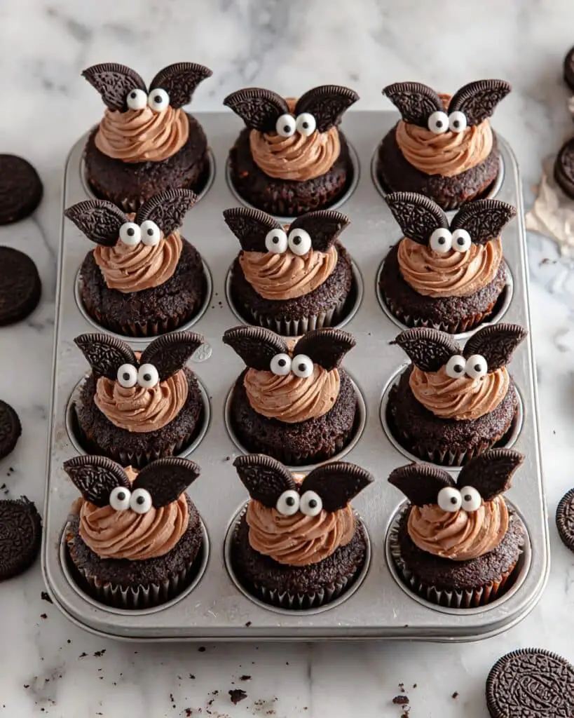 Bat Halloween Oreo Cupcakes with Chocolate Frosting and Candy Eyeballs Recipe
