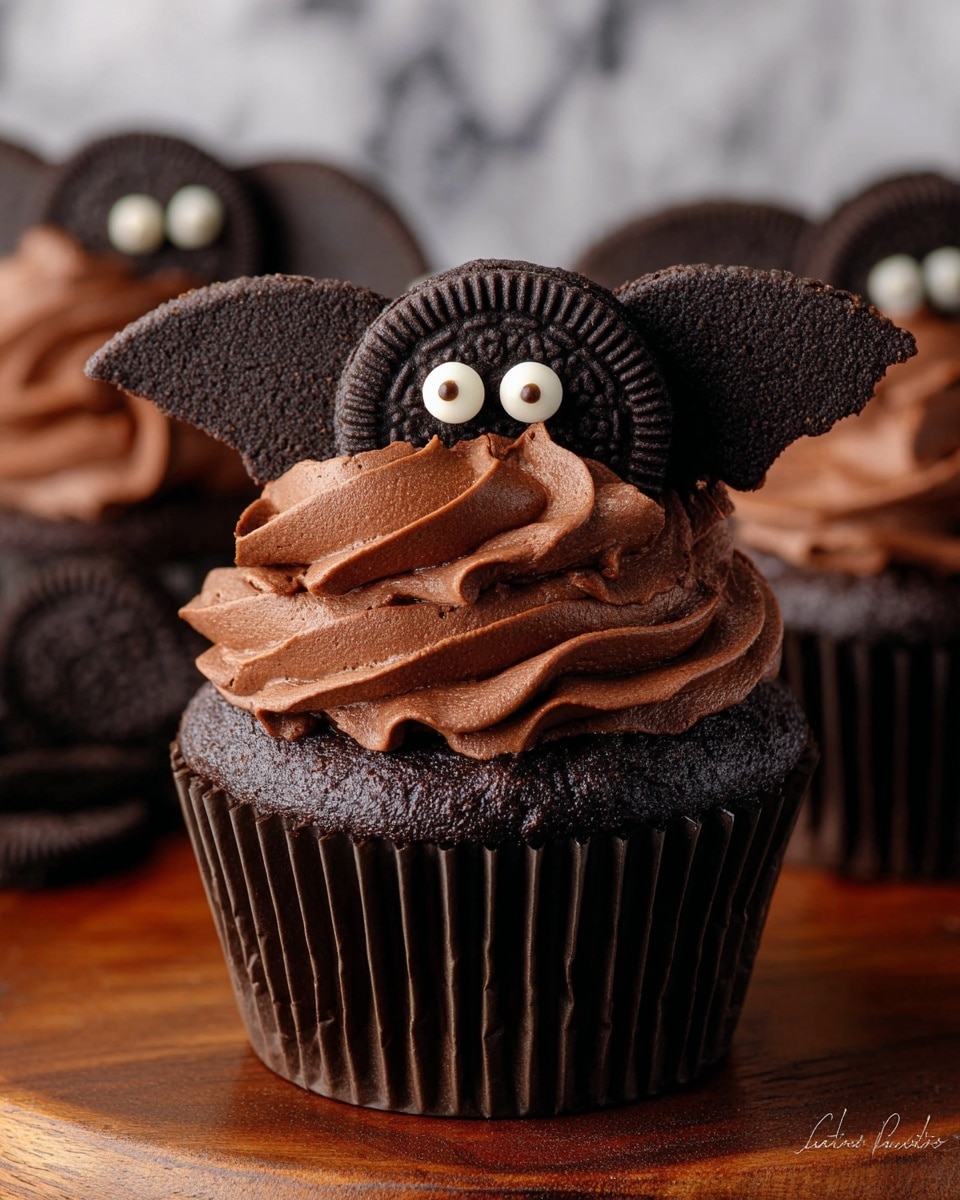 A dark chocolate cupcake in a dark brown paper liner sits on a wooden surface with a white marbled texture background. It has three main layers: the bottom layer is the chocolate cake, the middle layer is rich, creamy chocolate frosting swirled high, and the top layer is decorated with a small whole chocolate cookie standing upright in the center, flanked by two half chocolate cookies that look like bat wings. Two white candy eyes with black centers are placed on the small cookie to give the appearance of a cute bat face. Photo taken with an iphone --ar 4:5 --v 7