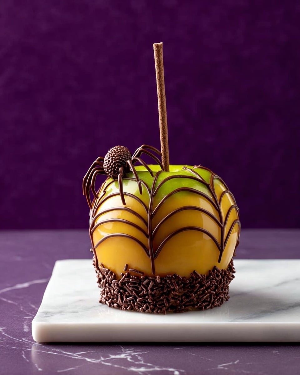 A shiny yellow apple with a green top is decorated with a spider web made from thin, dark chocolate lines wrapping around it in curved layers. A small chocolate spider sits on the front of the apple, made of a round chocolate ball and tiny chocolate legs. The bottom part of the apple is covered with a thick layer of dark chocolate sprinkles. A long, thin natural brown stick is used as the apple's stem, standing straight up from the center. The apple sits on a white rectangular plate, placed on a white marbled surface with a dark purple background. photo taken with an iphone --ar 4:5 --v 7