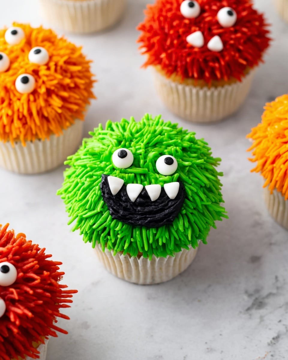 The image shows colorful cupcakes decorated to look like fun monster faces. The main cupcake in front has bright green frosting piped in thin, grass-like strands covering the whole top, creating a furry texture. It has two small white candy eyes with black dots placed near the top center. Below the eyes, there is a large smiling mouth made with black frosting and lined with small white frosting dots to look like teeth. Surrounding the green cupcake are other cupcakes with orange and red spiky frosting, each with multiple candy eyes in white and black as well. The cupcakes are in white paper liners, all placed on a white marbled surface. photo taken with an iphone --ar 4:5 --v 7