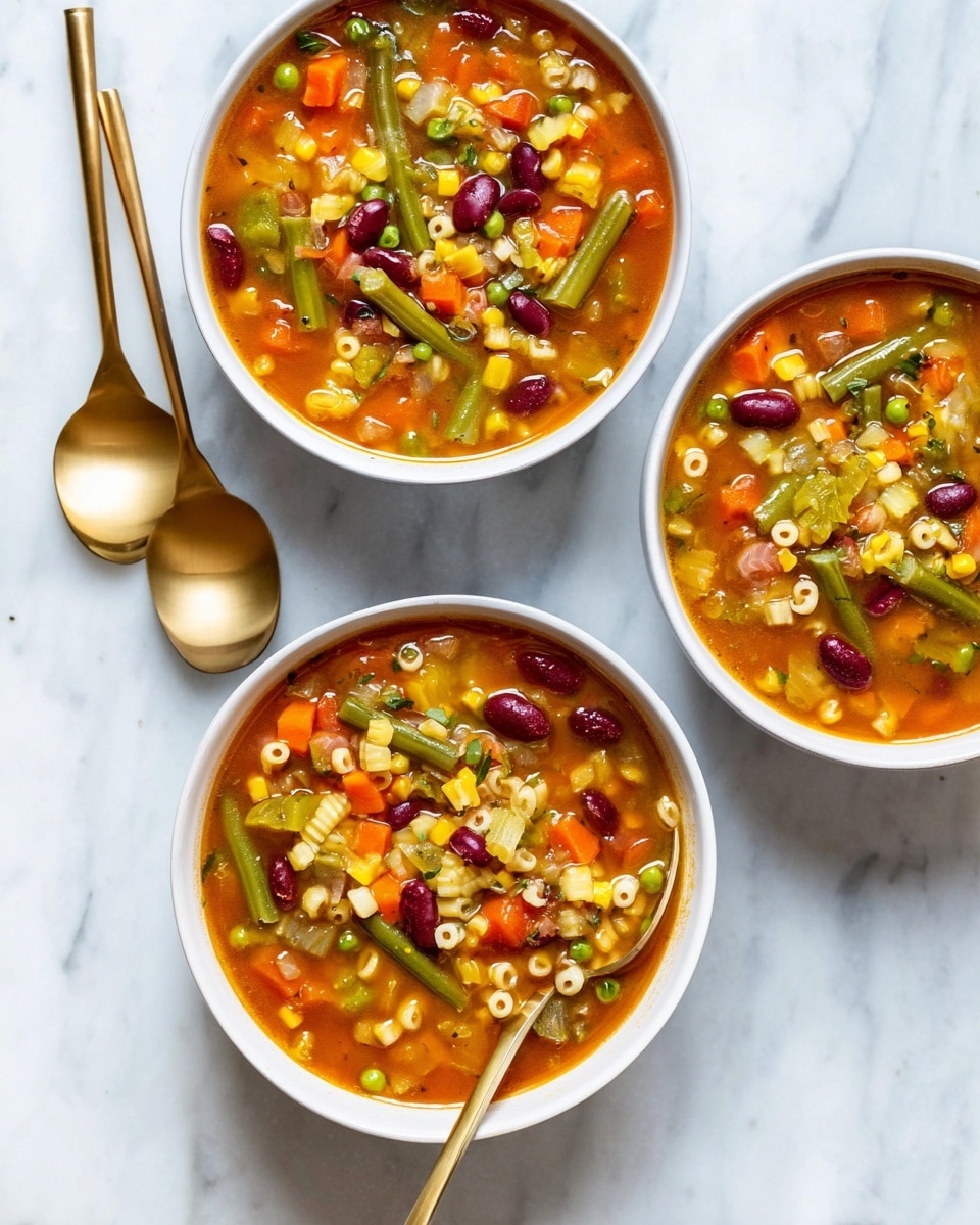 Three white bowls filled with a colorful vegetable soup featuring a rich orange broth. The soup contains visible layers of green beans, corn, green peas, chunks of carrot, potato pieces, kidney beans, and small alphabet-shaped pasta. The bowls are arranged in a triangular shape on a white marbled surface. Two golden spoons are placed near the top left bowl, and another golden spoon is dipping into the bottom bowl, scooping up some of the soup and pasta. The overall scene is bright and clean, highlighting the vibrant mix of soup ingredients. photo taken with an iphone --ar 4:5 --v 7