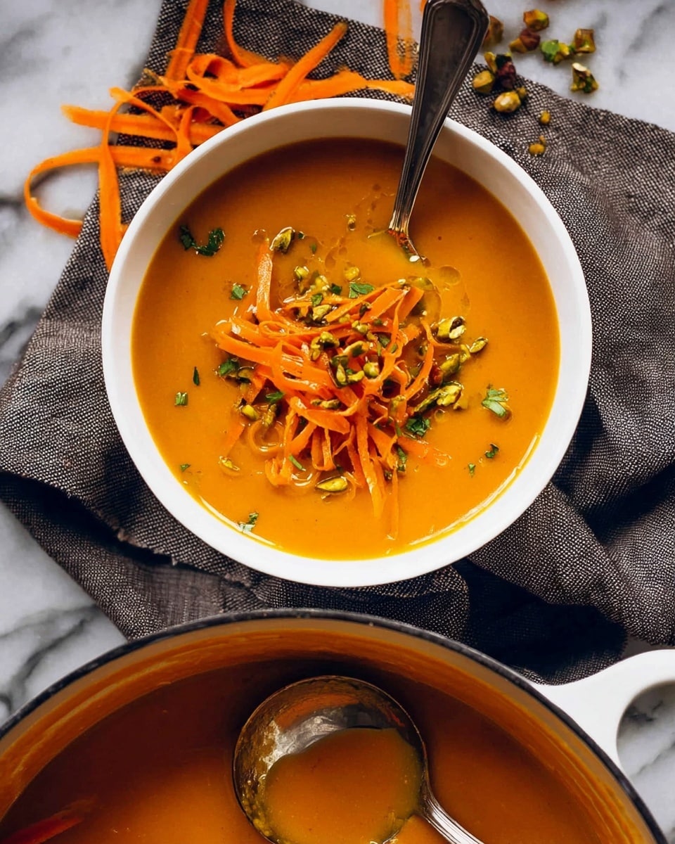 A white bowl filled with smooth, orange soup, topped with thin orange carrot strips and small green chopped nuts sprinkled on top, with some fresh green herb bits scattered around the garnish. The bowl is on a gray cloth, with extra thin carrot strips beside it on the white marbled surface. Below, a white pot filled with the same orange soup shows a silver ladle resting inside, partially covered with the soup, photo taken with an iphone --ar 4:5 --v 7