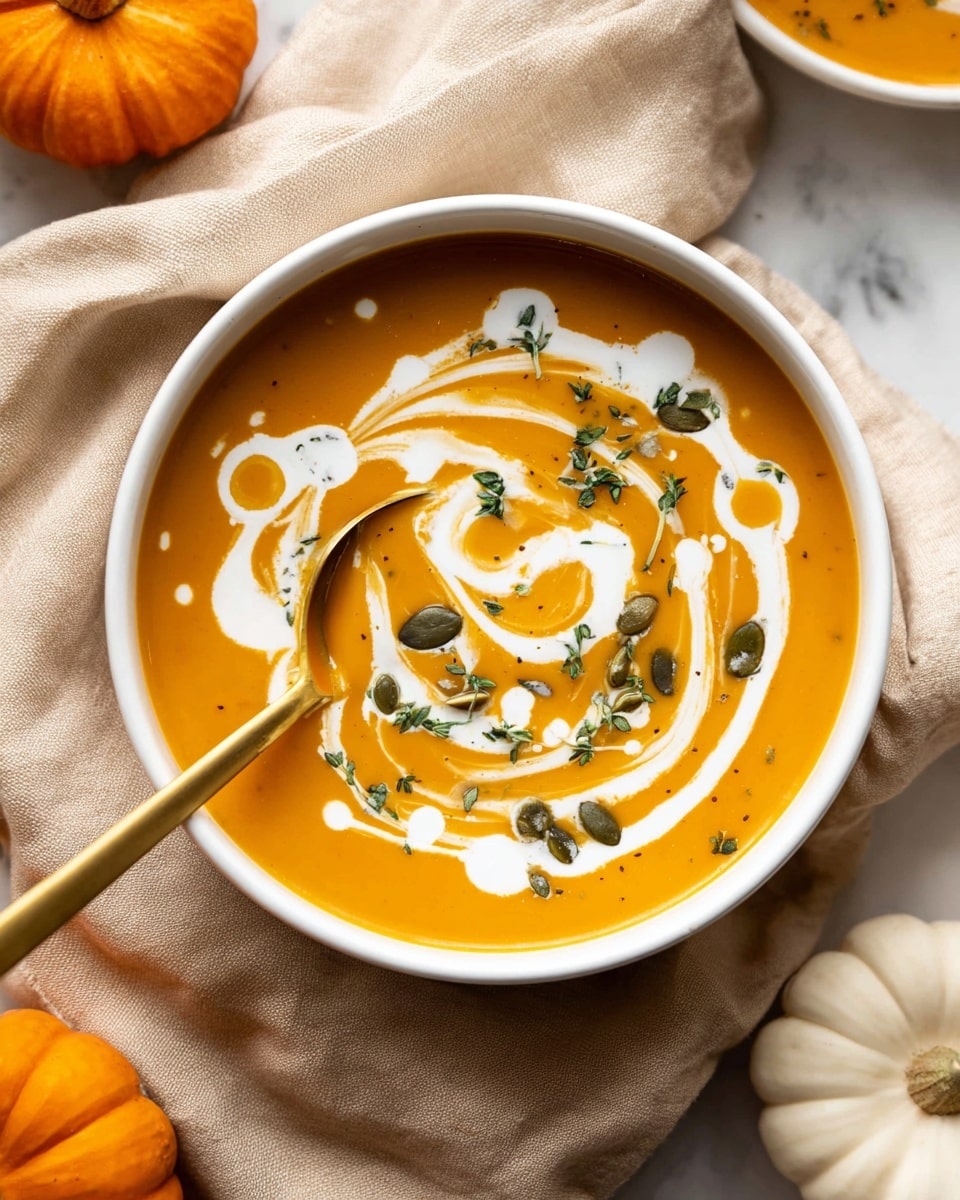 A white bowl filled with creamy orange pumpkin soup is shown from above. The soup has swirled white cream on top, creating a circular pattern with some drops scattered around. Small green herb pieces and pumpkin seeds are sprinkled over the soup, adding texture. A gold spoon is placed inside the bowl, partially submerged in the soup near the bottom left edge. The bowl sits on a beige cloth, with small orange pumpkins and white marbled surfaces visible around it. Photo taken with an iphone --ar 4:5 --v 7