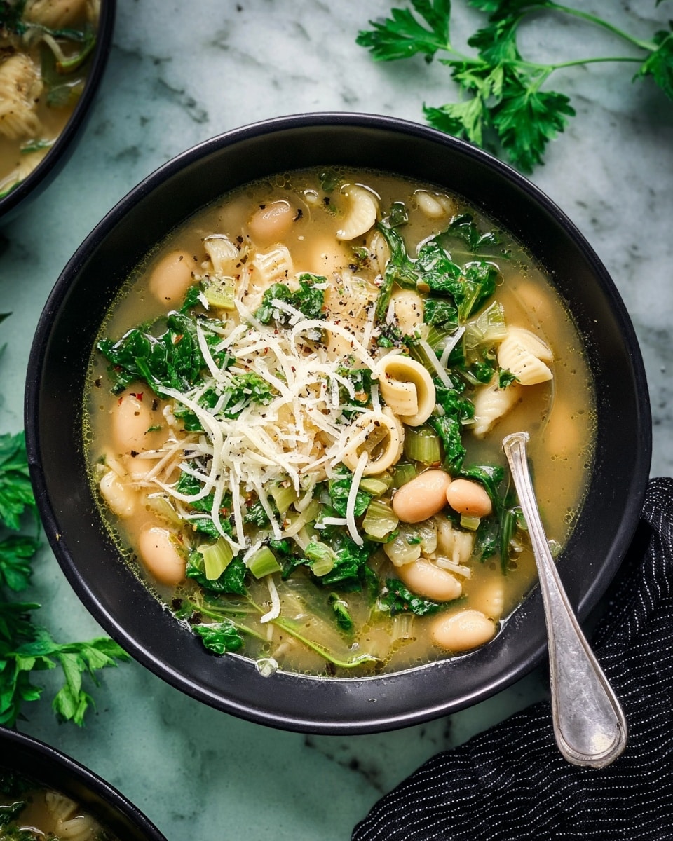 A black bowl filled with a creamy soup containing three main layers: the base is a light yellow broth, the middle layer has small white beans and pale yellow pasta shells mixed with bright green spinach leaves and celery pieces, and the top layer shows thin white shredded cheese scattered lightly along with cracked black pepper sprinkled over everything. A spoon rests inside the bowl on the left side, and the bowl sits on a white marbled surface. In the background, there are blurred shapes of another black bowl and a white pot. photo taken with an iphone --ar 4:5 --v 7