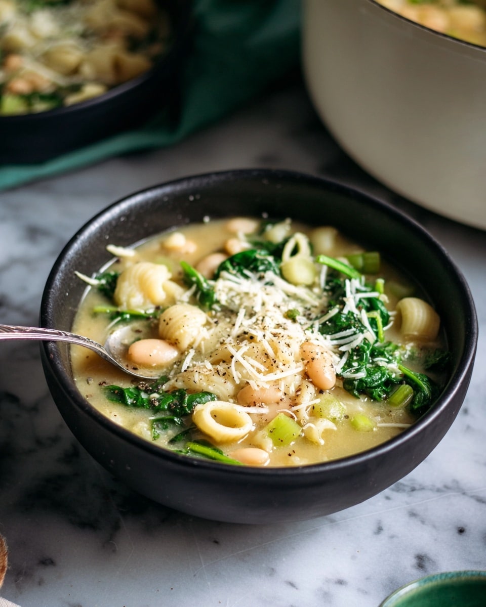 Two black bowls are filled with a light yellow soup that has visible pieces of white beans, shell pasta, and green spinach leaves. On top, there are scattered fresh green parsley leaves and thin strips of white cheese. One bowl has a silver spoon inside it, and the other has a black spoon next to it. The background is a white marbled texture, with some sprigs of parsley and a gray striped cloth nearby. photo taken with an iphone --ar 4:5 --v 7