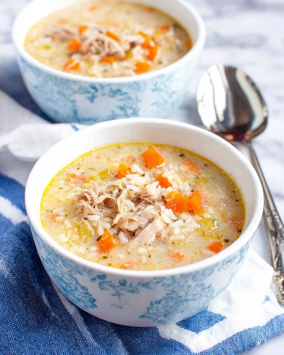 Two white bowls filled with chicken and rice soup sit on a blue and white striped cloth over a white marbled surface. Each bowl shows a layered mix with a clear, slightly oily broth at the bottom, followed by a thick layer of cooked white rice that soaks the broth. On top, light brown shredded chicken pieces and small orange carrot chunks with bits of pale yellow celery are scattered evenly throughout the soup. To the right of the bowls, two silver spoons with shiny reflections rest on the cloth. The overall texture looks soft and comforting with warm colors. Photo taken with an iphone --ar 4:5 --v 7