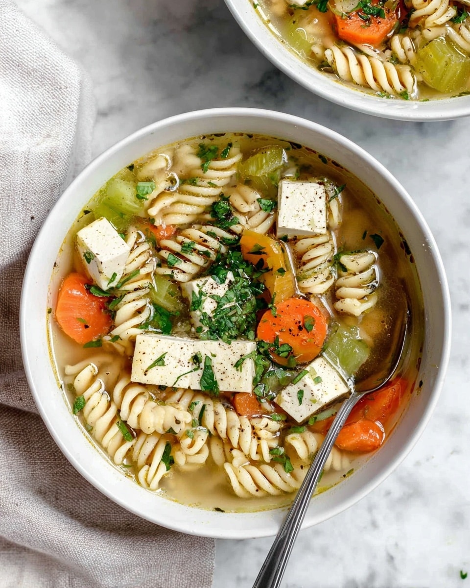 A white bowl filled with a clear broth soup containing visible layers of spiral pasta, large soft white tofu cubes, orange carrot chunks, and light green celery pieces. The soup is garnished with chopped fresh green herbs sprinkled on top, and a few small bits of black pepper are seen on the tofu cubes. A silver spoon rests inside the bowl, placed on the right side, and the bowl sits on a white marbled surface with a folded light cloth nearby. In the background, there is another white bowl with the same soup, partially visible. Photo taken with an iphone --ar 4:5 --v 7