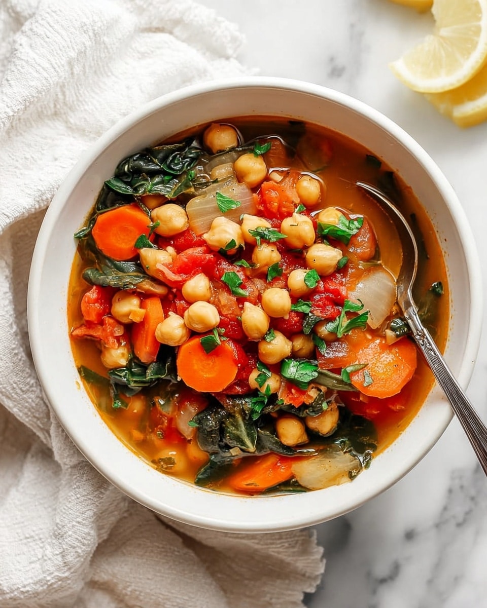 A white bowl filled with a warm soup showing three main layers: large orange carrot slices placed on the edges, round beige chickpeas densely piled in the middle, and chunks of red tomato scattered around the bowl. There are also pieces of translucent white onion and dark green leafy herbs mixed throughout, with fresh green parsley leaves sprinkled on top. The bowl is set on a white marbled surface with a soft white cloth partially visible under it. Photo taken with an iphone --ar 4:5 --v 7