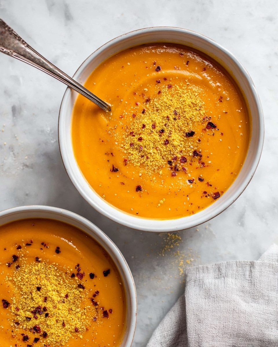 The image shows two blue bowls filled with smooth orange soup as the base layer, each topped with a small pile of shredded light yellow cheese, roasted reddish-purple onion pieces, and small green herb leaves scattered on top. The bowls sit on a dark textured surface with a gold spoon and a crumpled dark blue cloth nearby. To the side, there is a wooden board holding slices of seeded bread with a rough texture. The overall setting is cozy and warm. Photo taken with an iphone --ar 4:5 --v 7