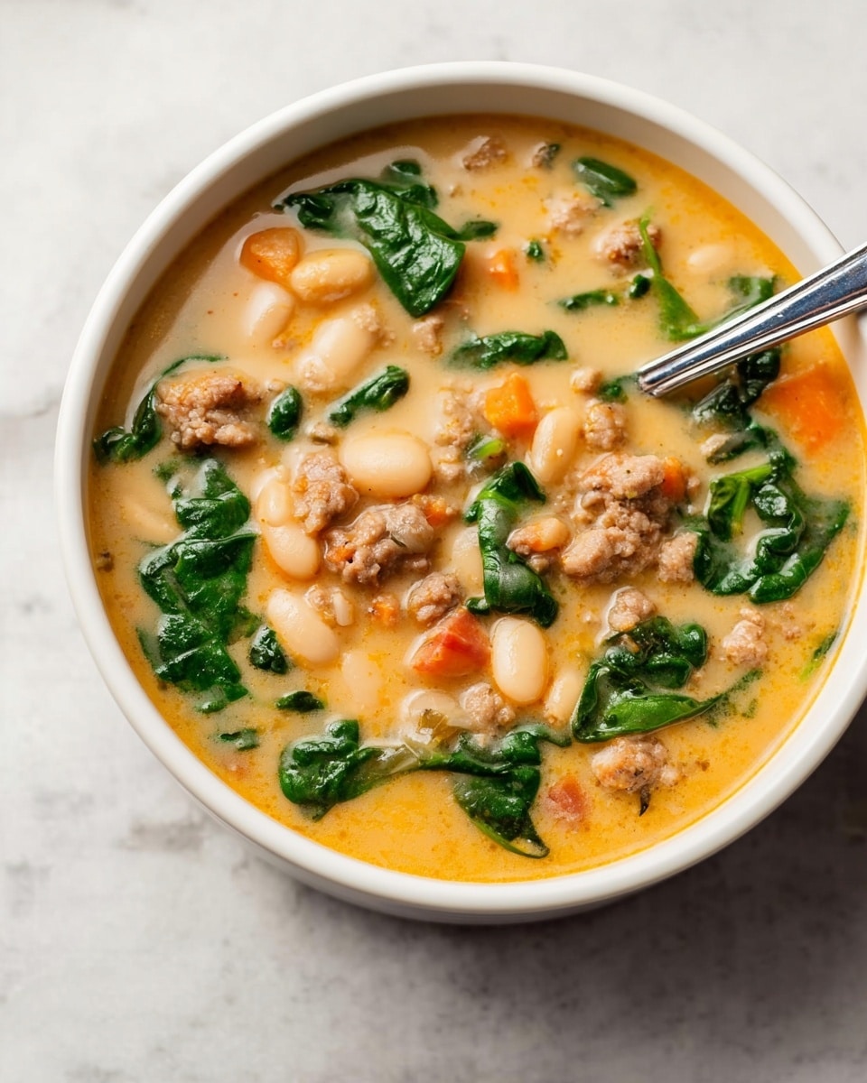 A close-up view of a creamy soup served in a white bowl, showing several layers of ingredients. The base layer is a thick, light beige broth with a smooth texture. Floating in the broth are plump white beans scattered throughout. There are chunks of light brown cooked meat, possibly ground sausage, mixed evenly in the soup. Bright spinach leaves with a fresh green color are placed on top and around the beans and meat. Small pieces of orange carrot add color contrast, distributed around the soup. The soup has some black pepper sprinkled lightly on the surface. The bowl sits on a white marbled texture background. Photo taken with an iphone --ar 4:5 --v 7