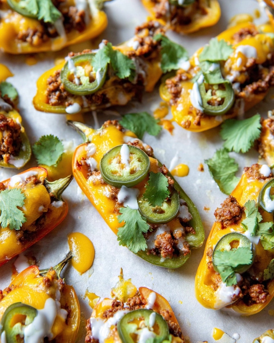 The image shows small yellow and red pepper halves used as cups, each filled with a layer of melted orange-yellow cheese at the bottom, topped with a layer of brown, crumbly cooked meat. On top of the meat, there are small green jalapeño slices and fresh green cilantro leaves. White creamy sauce is drizzled over the top of each pepper. The peppers are placed on a white marbled surface with some extra cheese bits scattered around. photo taken with an iphone --ar 4:5 --v 7