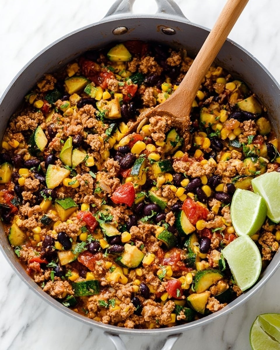 The image shows a green-handled pan filled with a colorful mix of cooked ground meat, black beans, yellow corn, diced green zucchini, and small bits of red tomatoes, all evenly mixed together. On top, chopped green herbs add a fresh look, and two lime wedges rest on the upper right side of the pan. The pan is placed on a white marbled surface with scattered lime wedges, sliced green jalapeño, and a white cloth with black specks in the lower right corner. A woman's hand is partly visible holding a lime wedge on the left side. Photo taken with an iphone --ar 4:5 --v 7