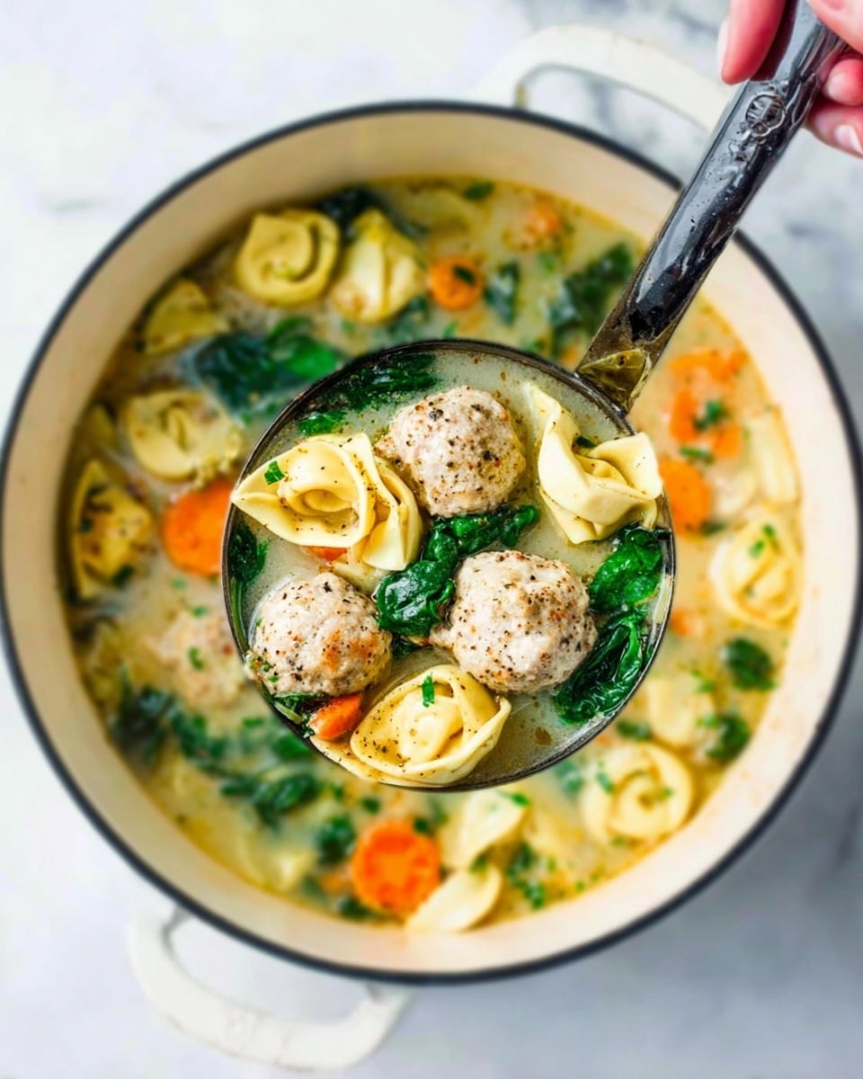 A white bowl filled with clear golden broth that has visible herbs and small pepper flakes on the surface; floating in the soup are large, smooth ravioli pieces with a pale yellow color, bright orange carrot slices, and deep green spinach leaves; the soup also contains shredded light cheese sprinkled on top, creating a textured layer; the bowl sits on a white marbled surface with a few fresh parsley leaves nearby; photo taken with an iphone --ar 4:5 --v 7