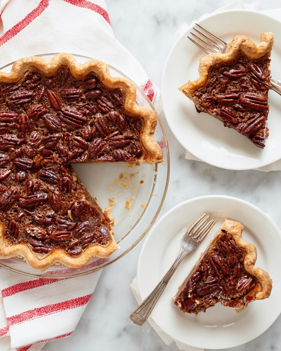 The image shows a pecan pie with a golden crust and a rich, dark brown filling studded with whole pecans on top. The pie is placed in a clear glass pie dish on a white marbled surface, with two slices already taken out. Two slices rest on separate white plates, each with a silver fork beside it. The pie crust has a wavy edge and the filling has a slightly shiny, textured top from the baked pecans. White kitchen towels with red stripes are casually placed nearby. photo taken with an iphone --ar 4:5 --v 7