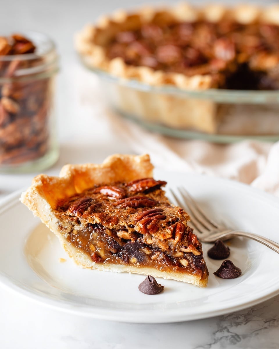 A slice of pecan pie sits on a white plate with a fluted light golden crust forming the base and edges. The pie filling has two visible layers: a darker, slightly glossy bottom layer with bits of melted chocolate and nuts, and a rich golden-brown top layer embedded with whole pecans. The top pecan layer is shiny and textured, showing the nut’s ridges clearly. Near the slice, three dark chocolate chips rest on the plate, and a fork with a bite-sized piece of pie is placed nearby. In the background, there is the rest of the pie in a glass pie dish and a glass jar filled with pecans on a white marbled surface. photo taken with an iphone --ar 4:5 --v 7