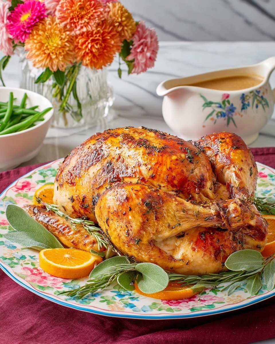A whole roasted turkey with shiny, golden brown skin sits in the center of a white plate with black decorative patterns. The turkey is plump and positioned with its legs tucked under its body. Around the turkey, there are bright orange slices and a few dark green leaves placed as garnish. The plate is set on a wooden surface, but the background is changed to a white marbled texture. Photo taken with an iphone --ar 4:5 --v 7