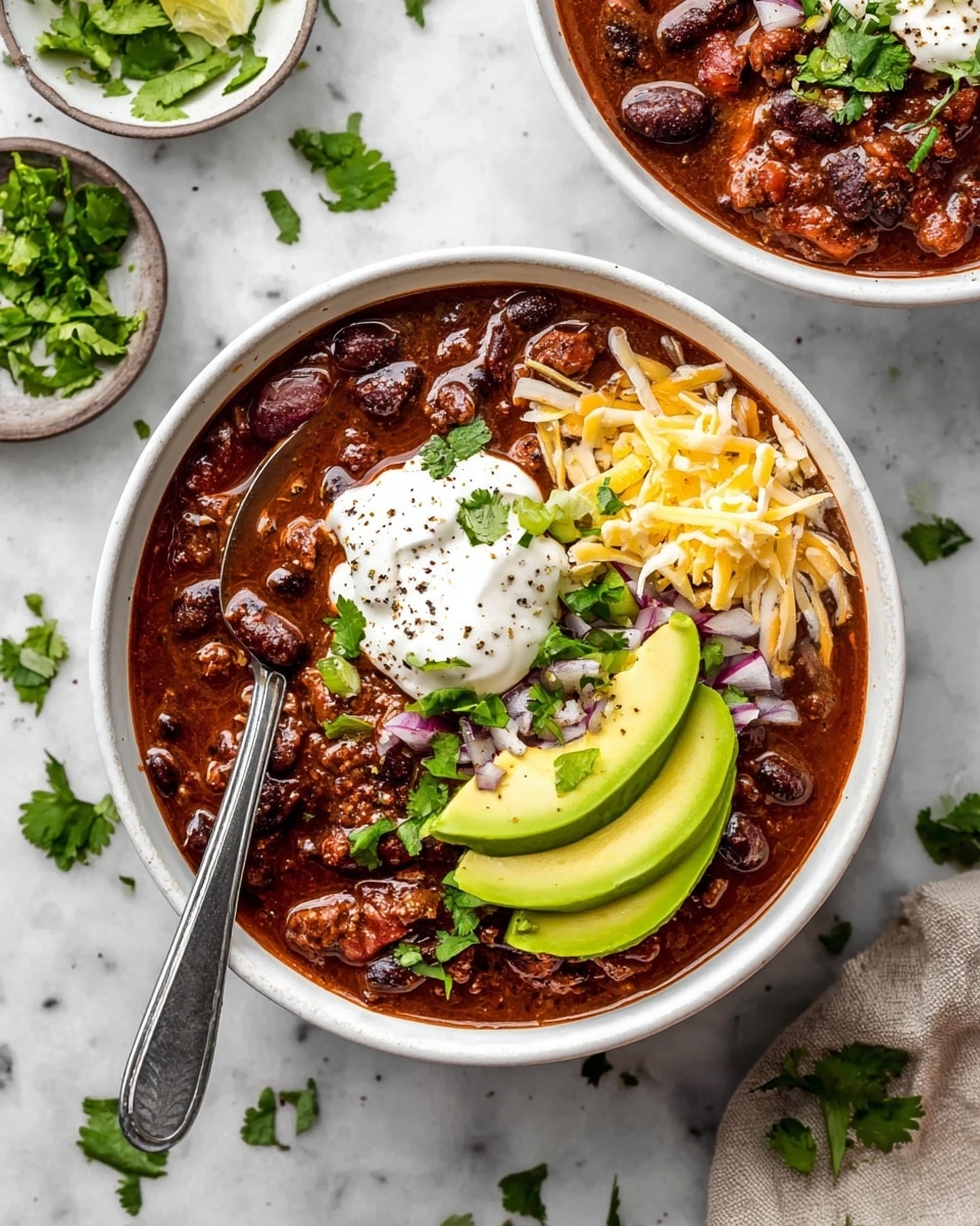 A white bowl filled with thick, dark red chili containing black beans and small pieces of meat, topped with a dollop of white sour cream sprinkled with black pepper, two green slices of avocado on the right side, a pile of shredded pale yellow cheese mixed with small bits of chopped red onion just below the avocado, and garnished with fresh green cilantro leaves scattered on top. A silver spoon rests inside the bowl on the left side. The bowl is placed on a white marbled surface with some scattered green cilantro leaves nearby, and another white bowl of chili is partially visible at the top right corner. Photo taken with an iphone --ar 4:5 --v 7