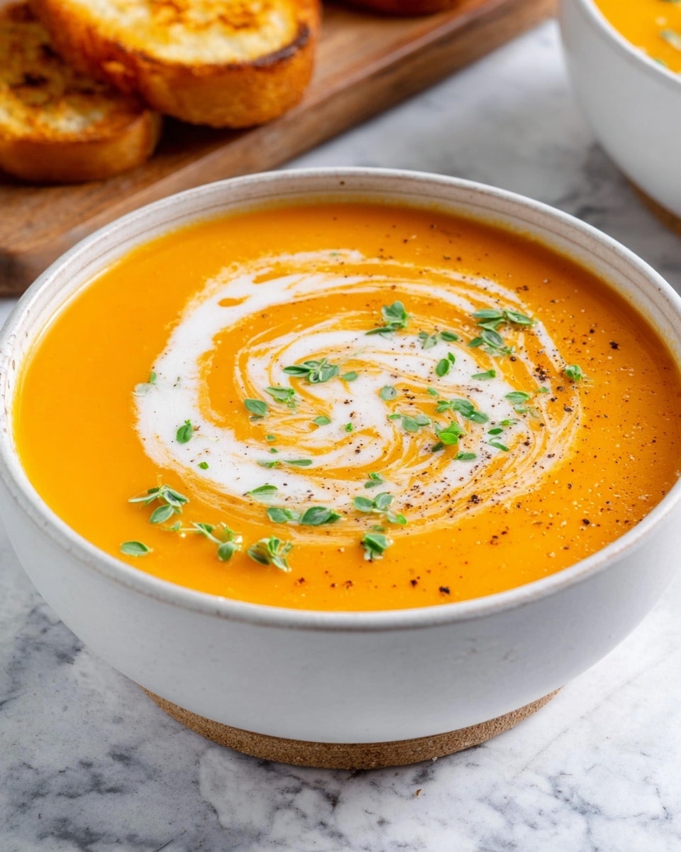The image shows a white bowl filled with smooth, bright orange tomato soup. On top of the soup, there is a swirl of white cream forming loose, curved patterns. Scattered across the cream are fresh green basil leaves and a few small specks of black pepper. The bowl is placed on a white marbled surface, and a corner of a soft, cream-colored cloth is visible near the bowl. Photo taken with an iphone --ar 4:5 --v 7