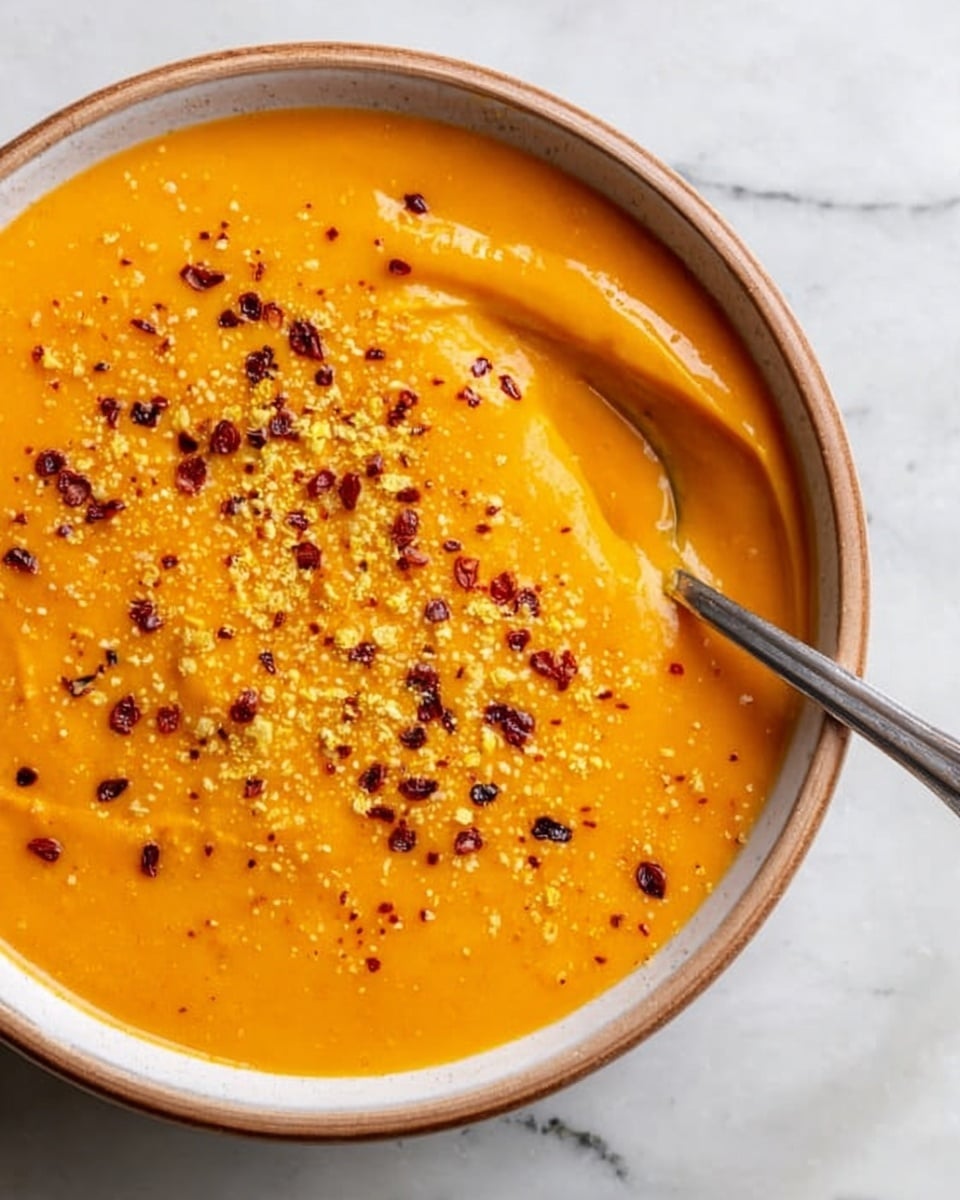 A close-up view of a bowl filled with smooth, thick orange soup that has a creamy texture and glossy surface. The top layer of the soup is sprinkled with yellowish seasoning and small dark red chili flakes evenly spread across. A silver spoon is partially submerged on the right side near the edge of the bowl, with the spoon handle resting on the rim. The bowl is white with a light brown rim, sitting on a white marbled surface. photo taken with an iphone --ar 4:5 --v 7