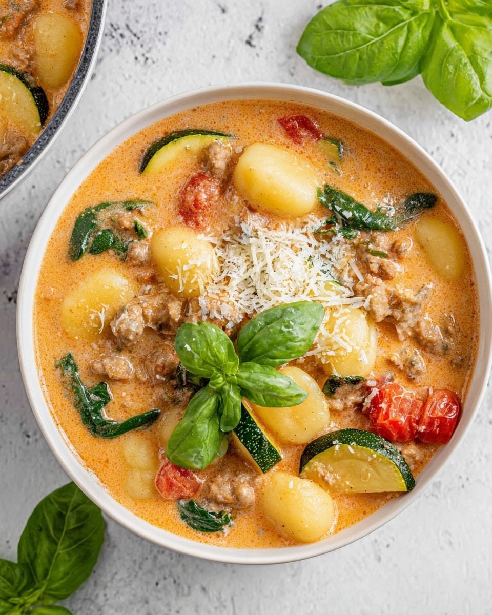 A white bowl filled with a creamy orange soup containing chunks of light yellow gnocchi, browned meat, bright red tomatoes, and green zucchini slices. There are also some wilted dark green spinach leaves mixed in. On top, there is a small pile of shredded white cheese and a fresh green basil leaf garnish. The bowl sits on a white marbled surface with a few fresh basil leaves scattered around. Photo taken with an iphone --ar 4:5 --v 7