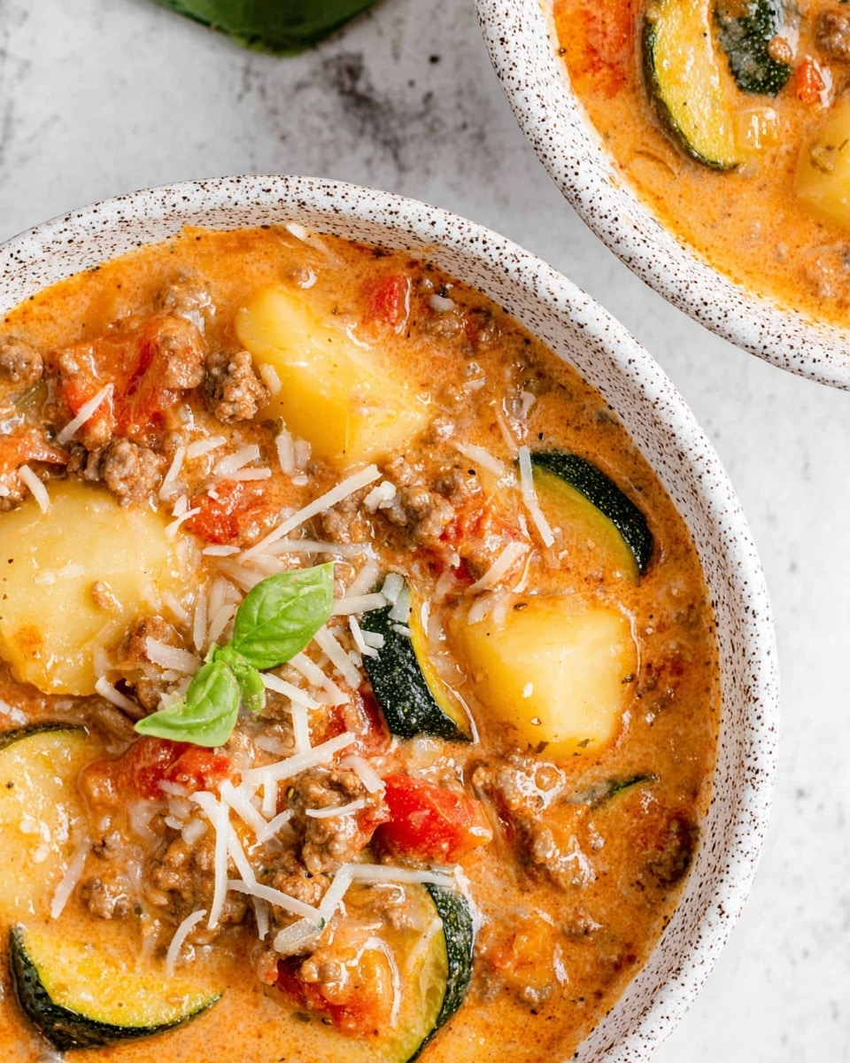 The image shows a close-up of a white speckled bowl filled with a creamy stew. The stew has soft potato pieces with light yellow color on top, slices of green zucchini, small chunks of red tomatoes, and bits of cooked ground meat mixed in a thick orange sauce. The dish is sprinkled with thin white shredded cheese, scattered across the top layer. The bowl sits on a white marbled surface, and part of another white speckled bowl with a similar stew is visible in the upper right corner. photo taken with an iphone --ar 4:5 --v 7