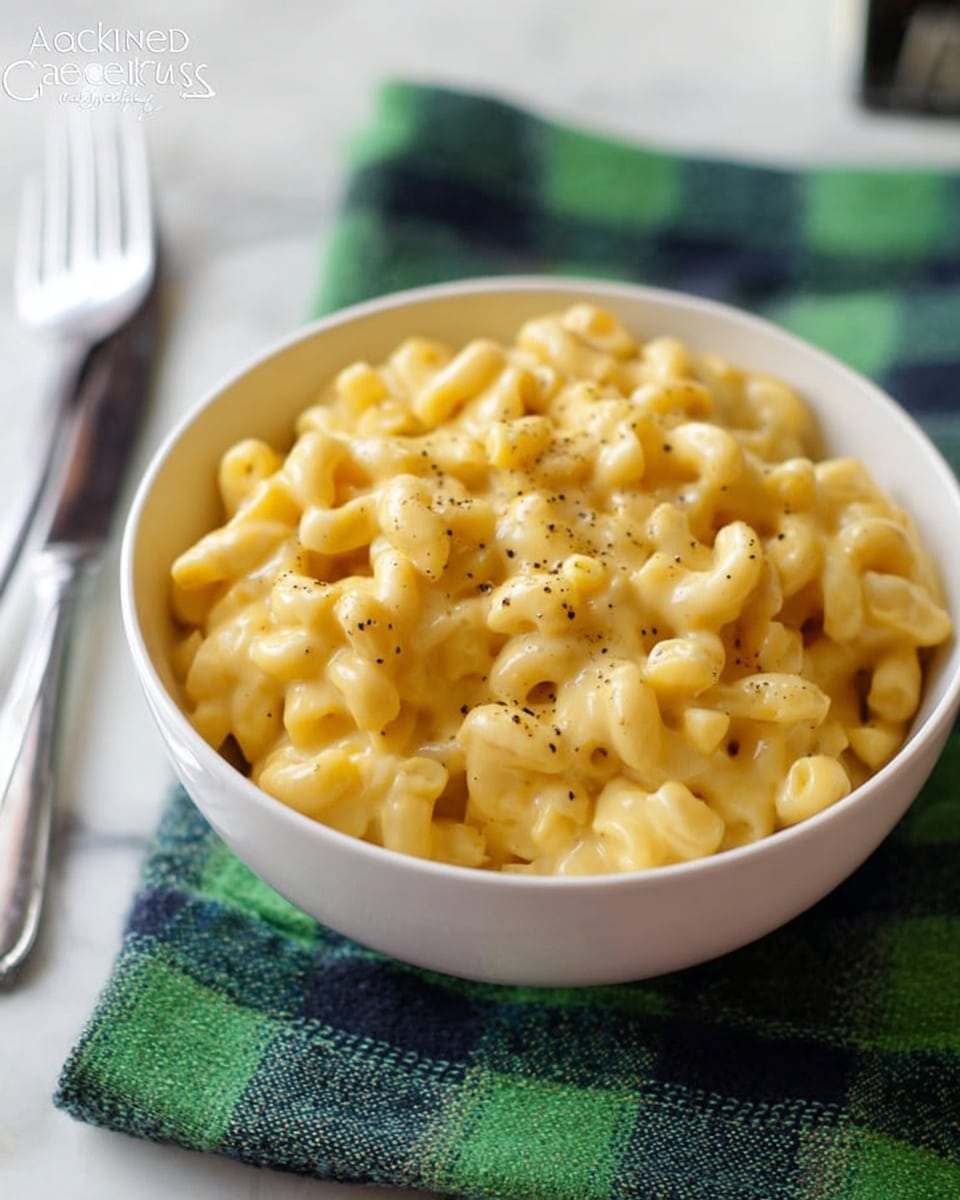 A bowl filled with creamy yellow macaroni and cheese with a few black pepper specks on top. The macaroni is elbow-shaped and coated evenly in a smooth cheese sauce. The bowl is white and sits on a folded green and blue checkered cloth. A silver fork and knife lie to the left side on the white marbled surface, which is simple and clean. The lighting highlights the creamy texture and warm color of the cheese. photo taken with an iphone --ar 4:5 --v 7
