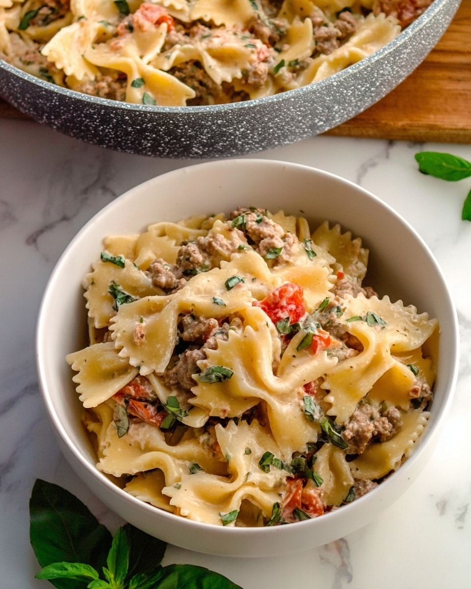 The image shows a white bowl filled with three layers of food. The bottom layer is creamy pasta shaped like bow ties, light yellow in color with a smooth texture. The middle layer contains small ground meat pieces mixed evenly, brown and cooked. The top layer has chopped green herbs and small red tomato bits sprinkled across, adding color. Behind the bowl, a large speckled gray pan also containing the pasta is visible on a white marbled surface. Part of a woman's hand holding the bowl is seen, with a green leaf at the bottom edge of the image. Photo taken with an iphone --ar 4:5 --v 7