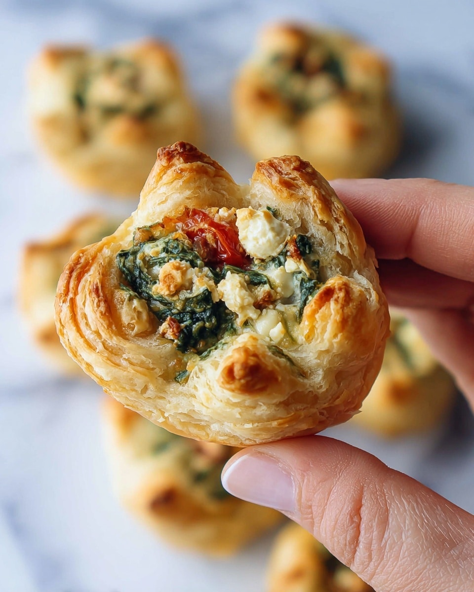 A light golden pastry puff with four slightly folded corners holding visible layers of green spinach mixed with crumbled white cheese and small pieces of red tomato in the center, held by a woman's hand, with more similar puffs blurred in the background on a white marbled surface photo taken with an iphone --ar 4:5 --v 7