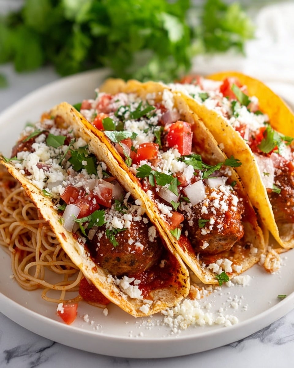 The image shows three tacos on a white plate with a white marbled surface underneath. Each taco has a crispy light golden yellow tortilla shell folded in half. Inside, there is a layer of reddish-brown spaghetti topped with two brown meatballs. Fresh red tomato chunks and small white onion pieces are sprinkled on top of the meatballs. Green chopped cilantro is scattered evenly over the tacos, along with a light dusting of white cheese powder. The textures are fresh and slightly crumbly, with bright colors standing out against the golden tortillas. Photo taken with an iphone --ar 4:5 --v 7