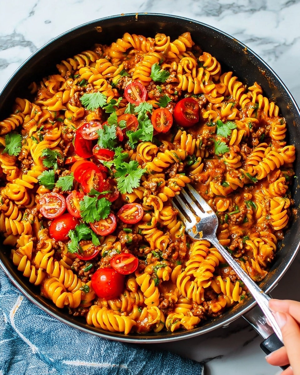 A black pan filled with spiral pasta coated in a rich orange sauce, mixed with small pieces of cooked meat and green herbs spread throughout. On top, there is a cluster of halved cherry tomatoes showing their bright red inside surrounded by fresh green cilantro leaves. A woman's hand is holding a silver fork stirring the pasta on the right side. The pan is resting on a white marbled surface with a blue and white striped cloth partially visible under the pan edge. Photo taken with an iphone --ar 4:5 --v 7