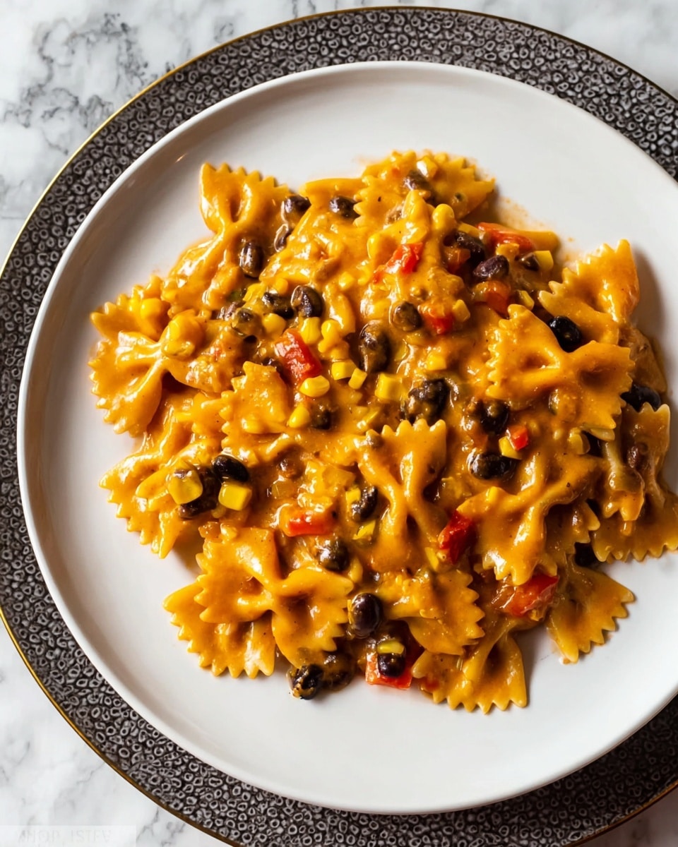 A white plate holds one layer of bowtie pasta covered with a thick orange sauce mixed with black beans, yellow corn kernels, and small pieces of red bell pepper. The sauce looks creamy and coats the pasta evenly. The pasta and sauce form a slightly uneven mound in the center of the plate. The plate sits on a darker textured charger, and the background is a white marbled surface. Photo taken with an iphone --ar 4:5 --v 7